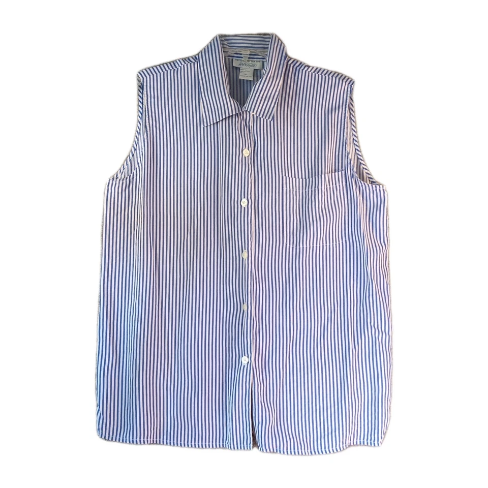 Винтажная шелковая блузка Lord & Taylor размер 16 без рукавов синяя белая полоса на пуговицах - Изображение 2 из 4