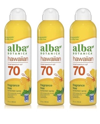 3 Alba Botanica Hawaiian Sunscreen Spray Unscented SPF 70 Fragrance Free 5 oz ea