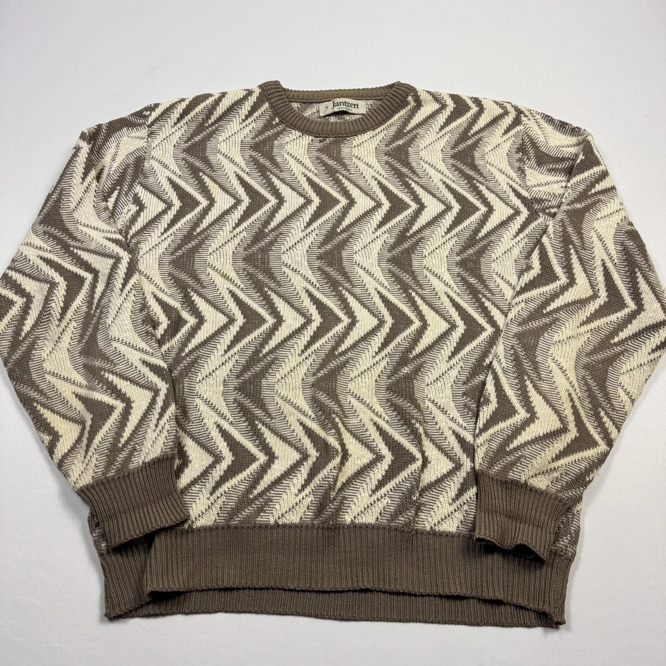 Suéter masculino vintage Jantzen marrom médio branco ziguezague malha pulôver EUA 90s - Imagem 2 de 4