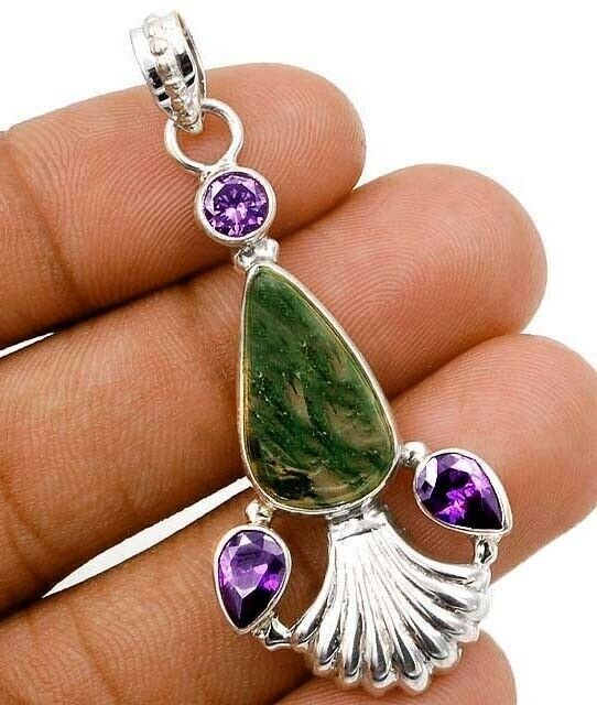 Natural Moss Agate & Amethyst 925 Solid Sterling Silver Pendant @1-2