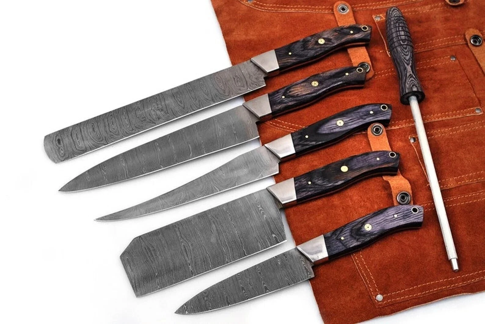 Custom Made Damascus Kitchen Knife Set | Chef Knife Set with Leather Roll Bag
