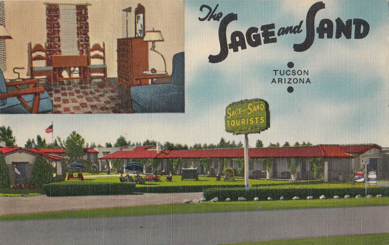 The Sage and Sand Tourist Hotel Winter View Tucson AZ Old Postcard Unused Linen