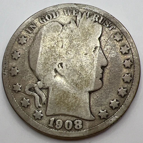 1908 Barber Silver Half Dollar VG Condition. A-1 Free shipping with 5 items.