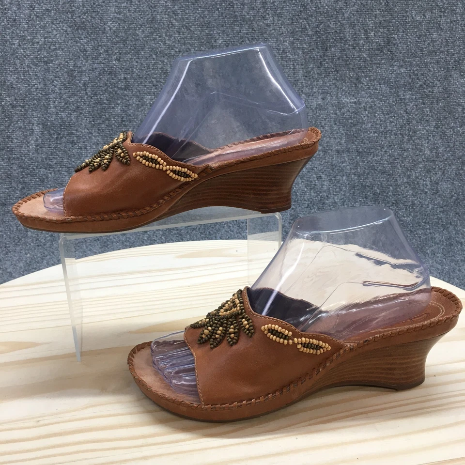 Clarks Sandals Womens 8 M Slip On Slides Brown Leather Wedge Open Casual Beaded - Image 2 of 4