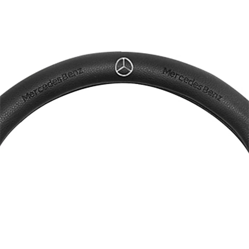 Black 38cm/15inch Pinhole Steering Wheel Cover For Mercedes-Benz Genuine Leather Foto 3 de 4