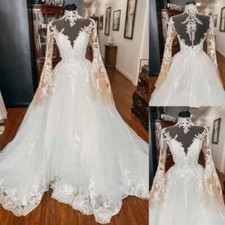 Vintage Long Sleeve Wedding Dresses Champagne Lace Appliques Bridal Gowns Custom