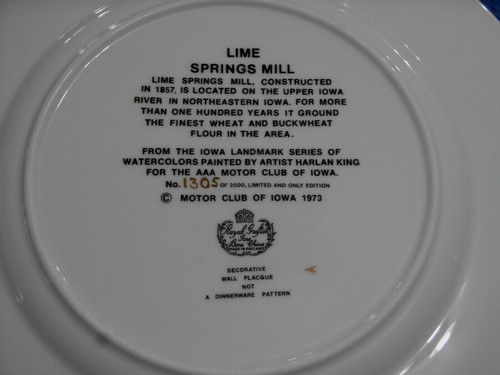 Royal Grafton Plate Iowa Landmark Series Lime Springs Mill Bone China Limited - Picture 3 of 7