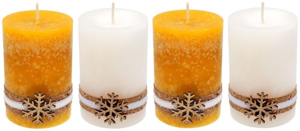 4 Adventskerzen Stumpenkerzen Gelb Weiß Schneeflocke Holz Weihnachten Deko-image