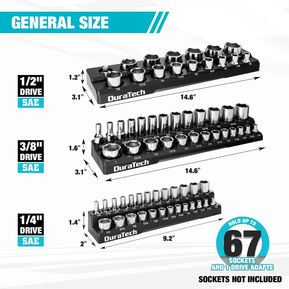 DURATECH 3PC 1/4" 3/8" 1/2"Drive Magnetic Socket Organizer Set SAE Socket Holder - Image 3 of 4