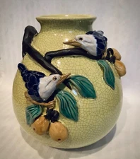 Vtg Majolica Pottery Vase Yellow Crackle Applied Birds & Pear Branches 8.5”x7”