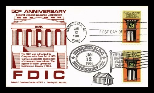 US COVER FDIC 50TH ANNIVERSARY FDC DUAL CANCEL AFDCS THERMOGRAPHED CACHET