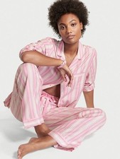 VICTORIA'S SECRET Flannel Long PJ 2-pc Set XS Regular Pink Iconic Stripe NWT