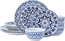 Medallion Radiance 12 Piece Stoneware Dinnerware Plate Bowl Dish Set, Service fo