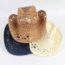 Wide Brim Cowboy Hat Hand Woven Straw Breathable Unisex Beach Sun Protection Cap