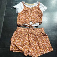 Kenzie Girl 3 Piece Outfit Rust Floral White Shirt Tank Shorts 12