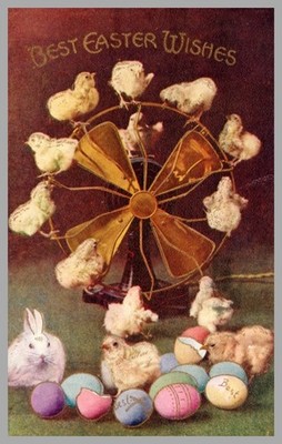 Best Easter Wishes Fluffy Chicks On Fan Blades Bunny Colored Eggs c1908 Postcard