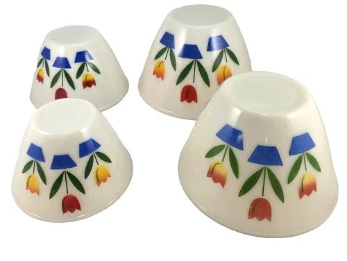Vintage Fire King Set Of 4 Tulip Milk Glass Nesting Mixing Bowls