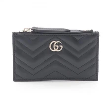 GUCCI Double G Marmont Coin/Card Wallet/Key Chain Black Leather/Gold Hardware!