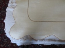 Unused SCALLOPED SOLID NATURAL Linen TABLECLOTH w/Tan Trim - 55-1/2" x 76"
