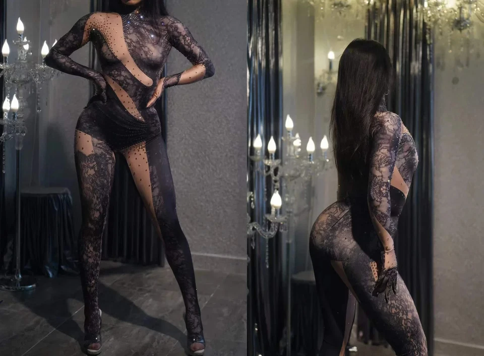 Monos de estrás para mujer Pole Dance club nocturno ropa de escenario rendimiento Foto 4 de 4