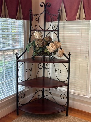 Vintage XL Drexel Heritage Scroll Iron & Wood 4-Tier Corner  Shelf Unit 7ft