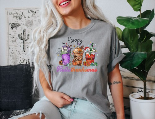 Cute Halloween T-Shirt, Womens Fall Tee, Funny Christmas Shirt, Hallothanksmas - Picture 2 of 14