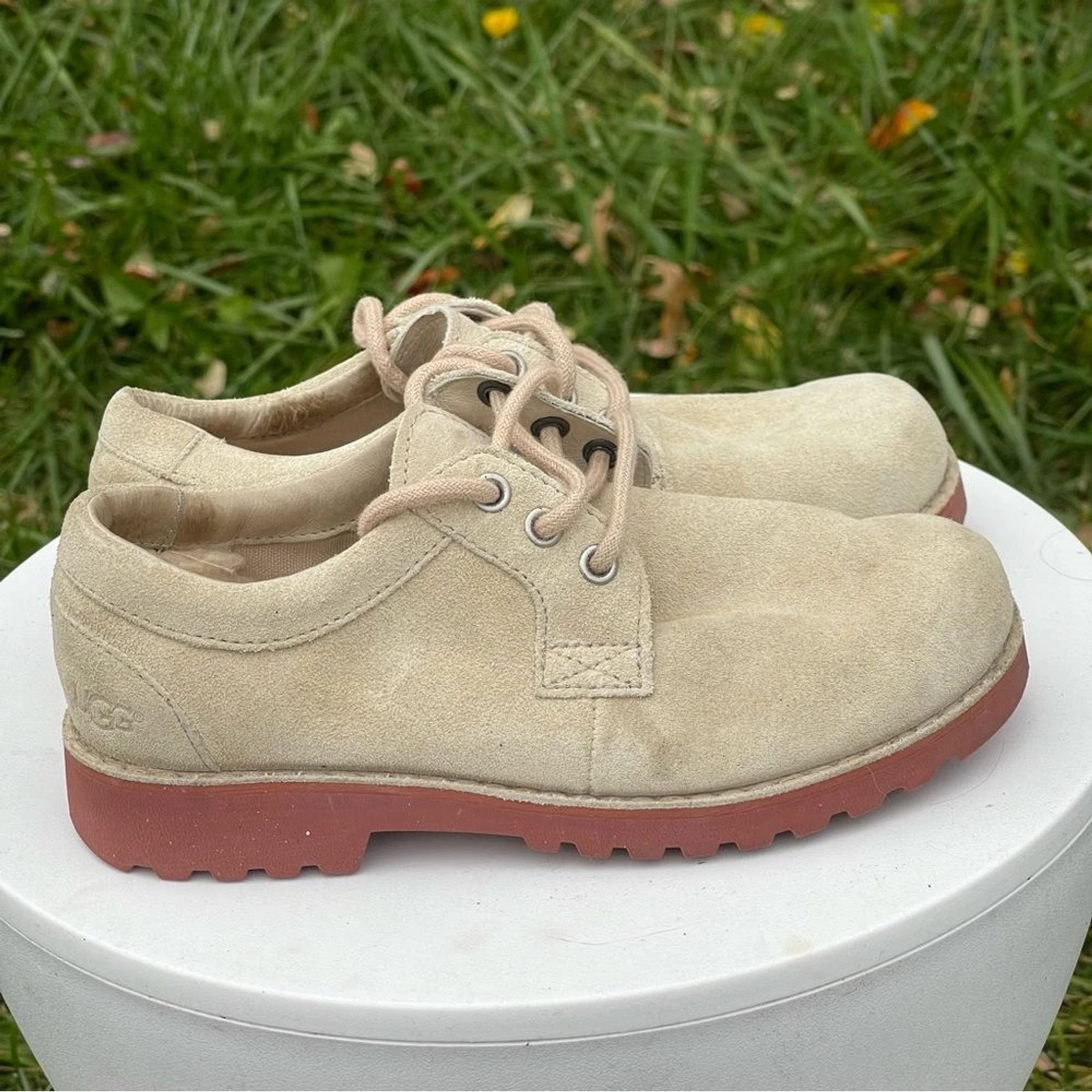 Scarpe UGG Australia bambini giovani taglia 1 sabbia beige scamosciata stringate sherpa Oxford