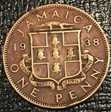 VINTAGE NICKEL BRASS 1938 JAMAICA PENNY CROCODILE COIN-APR105