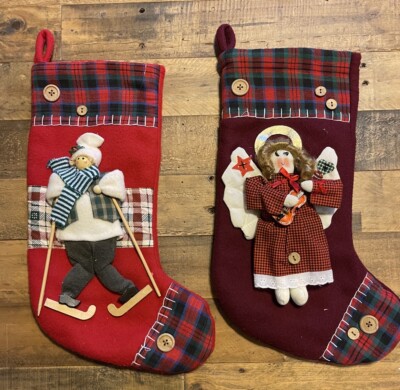 Vintage 3D Christmas Bazaar Stockings  Grandma  Country Cottage Angel Snow Skier