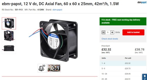 RS 501-913 12V DC 60mmSquare x 25mm Fan 42M3/Hr 23CFM High Quality PAPST - Picture 4 of 4
