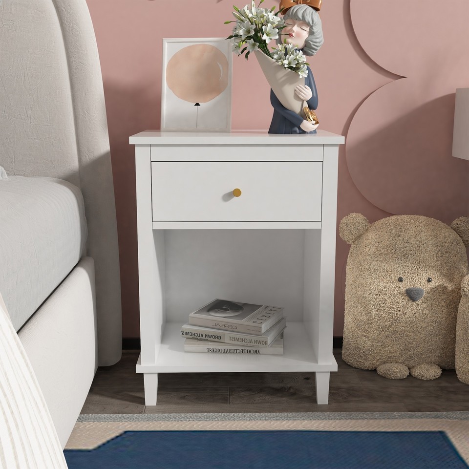 White Wooden Bedside Table with One Drawer and One Shelf eBay