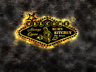 LED Holzschild ''Mum's Kitchen'' Küche Diner Bar Pin Up Kochen Haushalt Retro Küch