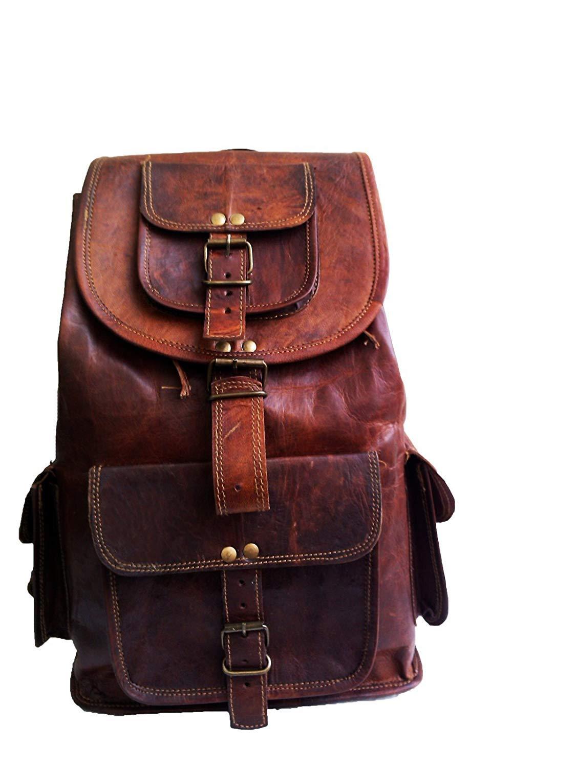 16 Inch Vintage Leather Rucksack Backpack for College Travel Picnic
