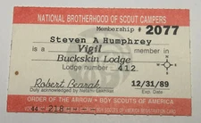 Boy Scout OA Membership Card Lodge 412 Buckskin 1989 New York    RC6