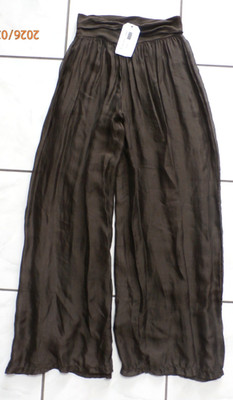NWT Boutique Made in Italy Silk Blend Wide Leg Pants Brown S/M Pleated Sheer i9