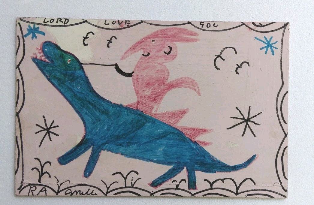 Pintura de arte popular "DIABLO montando DINO" firmada por R A MILLER visionario forastero.