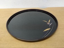 Bandeja redonda laca japonesa patrón de flores negras vajilla japonesa Showa vintage