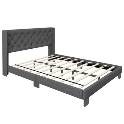 Upholstered Platform Bed Tufted Headboard Mattress Foundation Queen Size Grey
