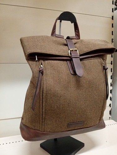 Brand new backpack in brown tweed-style fabric with leather-look trim.