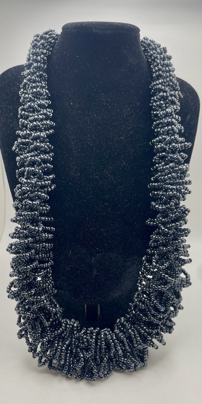 Vintage Artisan Black Loopy Woven Seed Bead Graduated Statement Necklace