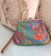 Vintage Patricia Nash Kiss Lock Clutch Wristlet Colorful Tropical Leather