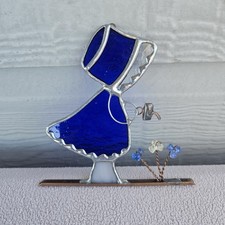 VTG Garden Flower Girl Stained Glass Suncatcher Country Blue Hanging 4.5"