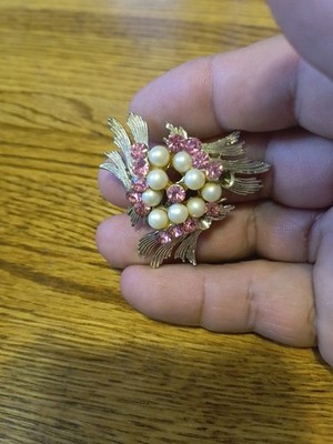 Vintage BSK Signed Floral Spray Brooch - Pink Rhinestones & Faux. (Rock Missing)