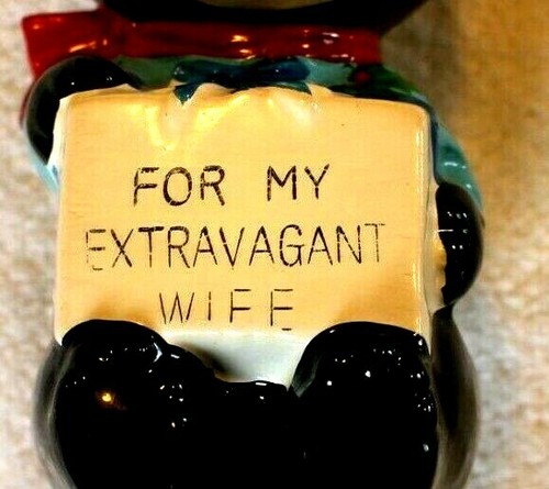 MID-CENCURY CAT BANK " FOR MY EXTRAAGANT WIFE", CERAMIC Japan 6" PINK FUZZY HAIR - Picture 3 of 4