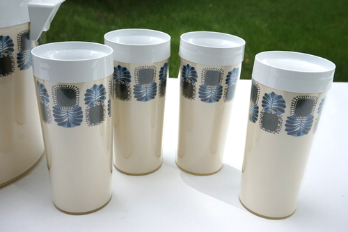 Vintage Thermo Serv Ice Bucket & Mugs NIB 1970s Retro Decor Peacock Feather Prin - Picture 11 of 14