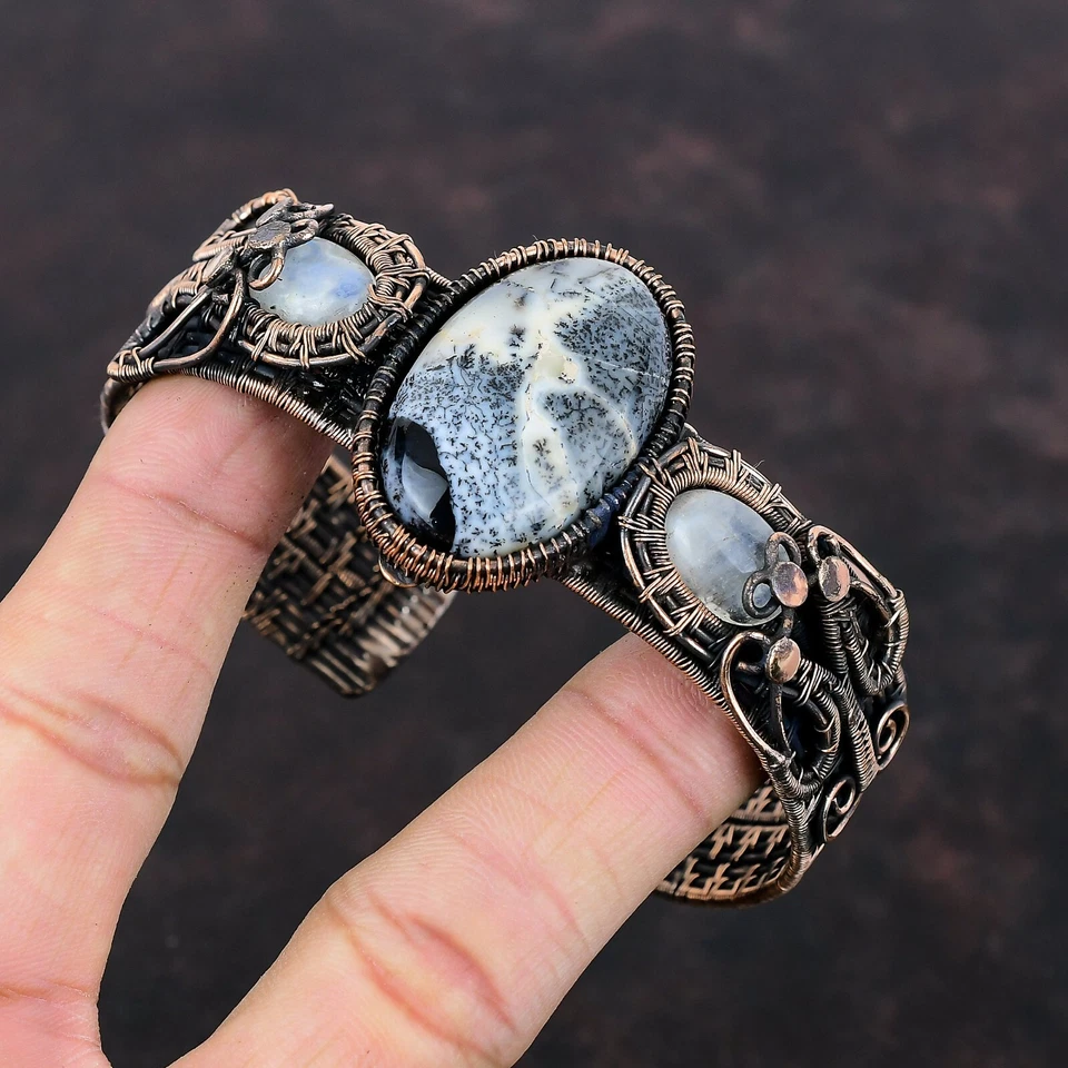 Дендритовый опал проволока обернутый регулируемый браслет ручной работы медь этнический подарок - Изображение 3 из 4