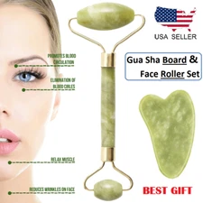 Natural Jade Roller Gua Sha Face Body Eye Board Set Massager Tool Anti Aging US