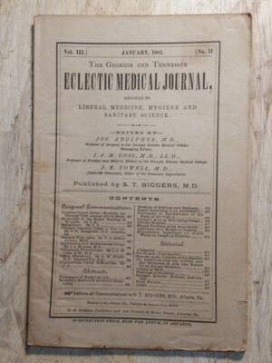 January 1882 Georgia Tennessee Eclectic Medical Journal Medicine Hygiene Science