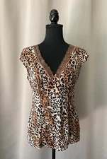 STUDIO DONATELLA TOP Animal Print Blouse V-Neck Lace Trim Women's M