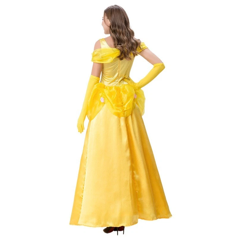 La Bella y la Bestia Bella Adulto Volantes Hombro Descubierto Vestido Disfraz Disney Amarillo Foto 4 de 4